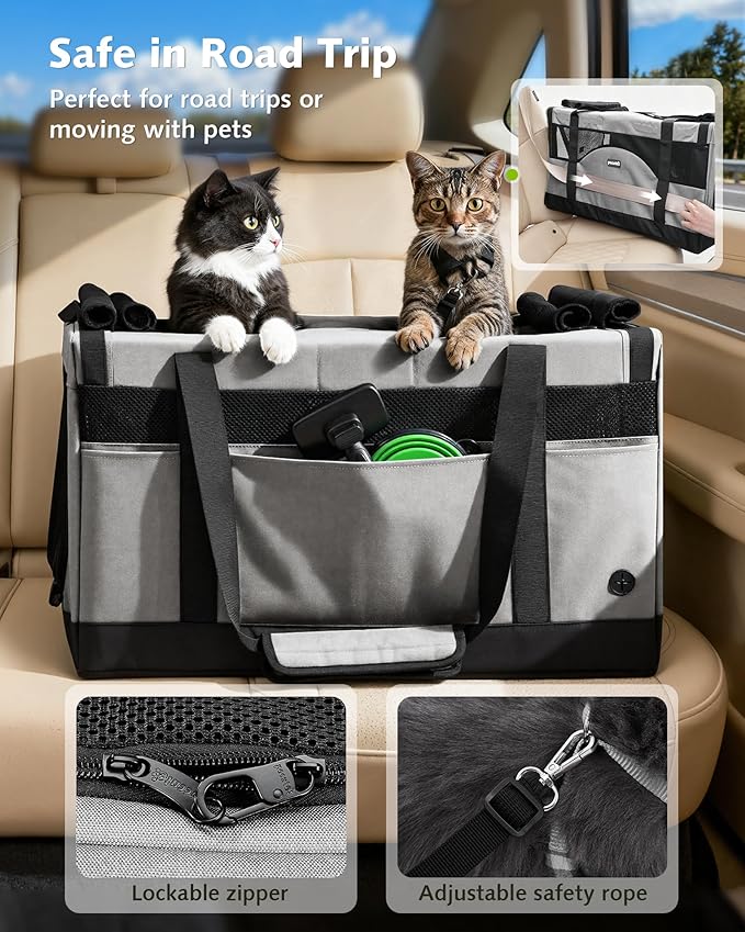 Pecute Cat Carrier for 2 Cats,Collapsible Soft Cat Carrier for Small to Medium Cat,can Hold 20lbs+ for Two Kitty Puppy,Stable and Secure Framework Design,Extra Large Dog Carrier for Travel,Gray