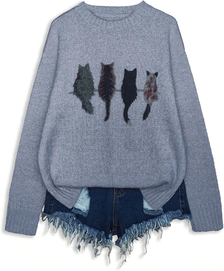 WDIRARA Women's Cat Graphic Sweater Long Sleeve Crew Neck Knit Tops Casual Knitwear