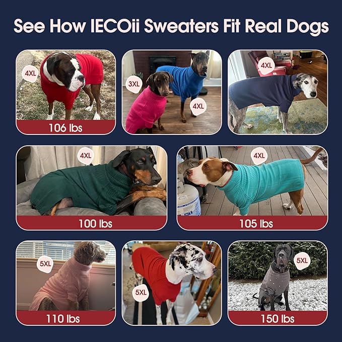 IECOii Extra Large Dog Sweater 4XL,Thermal Warm Dog Sweaters for Giant Breed Dogs,Turtleneck Knitted Knitwear for Pet Winter,Stretchy&Easy On Doggy Sweatshirt for Doberman,Great Dane(Camel,XXXXL)