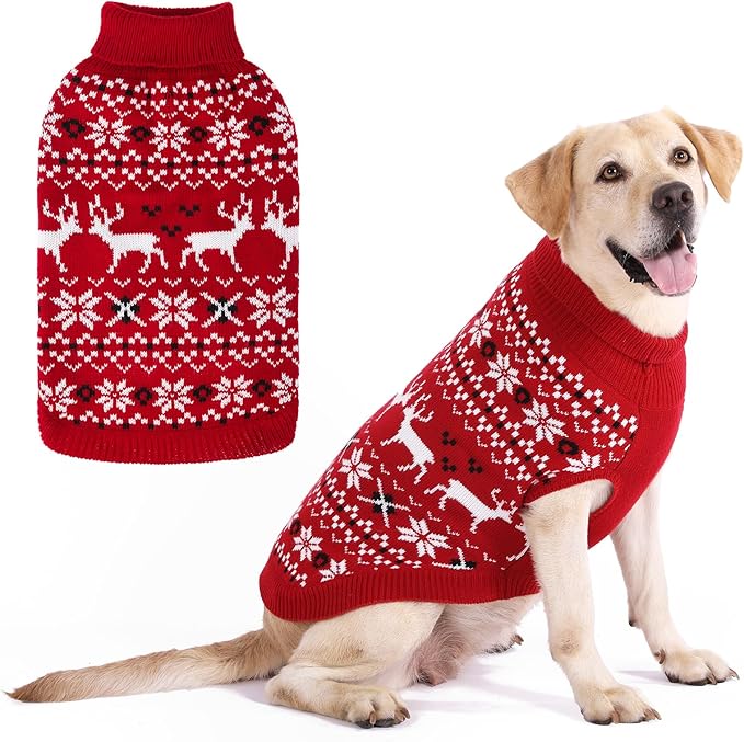 KOOLTAIL Christmas Dog Sweater, Cold Weather Pullover Classic Knitwear, Reindeer Snowflake Pattern Thick Warm Winter Pet Clothes, Cable Knit Dog Sweaters for Small Medium Large Bulldog Boy Girl,Red XL