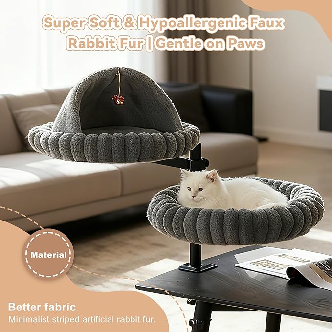 Dogpals 2-in-1 Cat Desk Bed: 360° Rotating & Height Adjustable Cat Tree with Semi-Enclosed & Open Layers, No-Drill Clamp for Desk up to 1.18" Thick, Supports 9lbs for Office