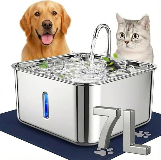 7L Stainless Steel Cat & Dog Water Fountain with 12×16 Waterproof Anti-Slip Mat, Automatic Pet Water Fountain with Quiet Pump, Triple-Stage Filter & LED Water Window for Multi-Pet Homes