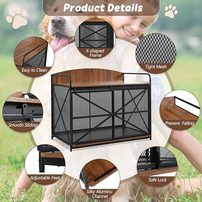 Large Furniture Dog Crate, Dog Kennel Indoor, Wood Dog Cage Table, Heavy Duty Dog Crate, Sturdy Metal,Brown