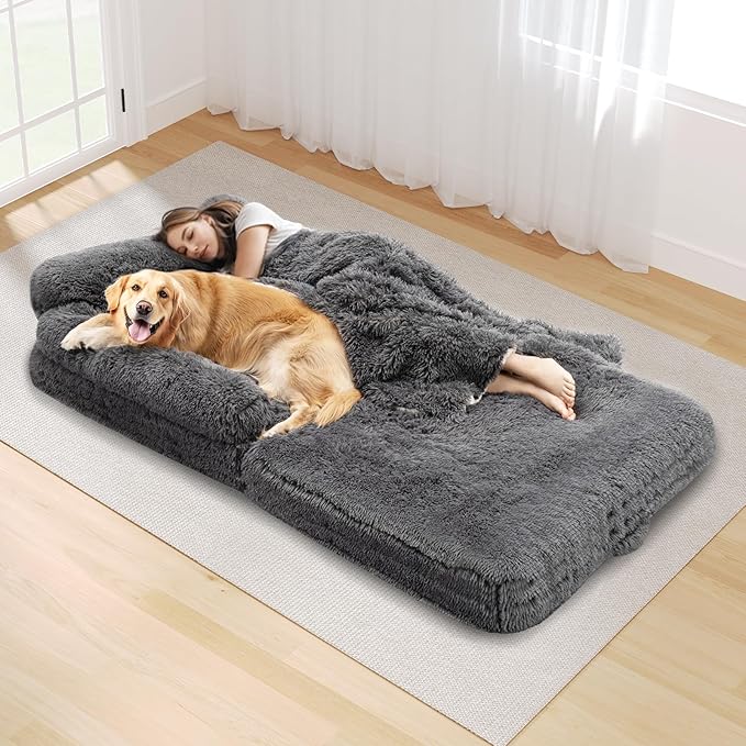 72" Foldable Human Dog Bed for Adults, Fluffy Faux Fur with Blanket, Orthopedic Washable Dog Bed with Memory Foam and Water Repellent Liner Extra Large Thick for Pet