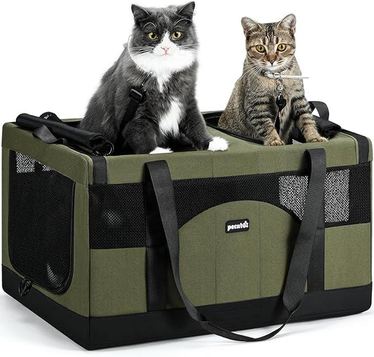 Pecute Cat Carrier for 2 Cats,Collapsible Soft Cat Carrier for Small to Medium Cat,can Hold 20lbs+ for Two Kitty Puppy,Stable and Secure Framework Design,Extra Large Dog Carrier for Travel,Green