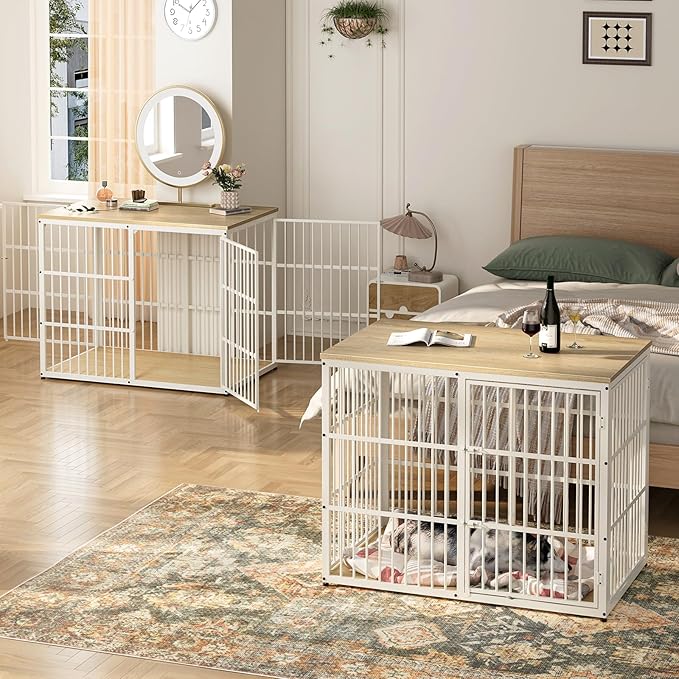 Lyromix 94.48'' Dog Crate Furniture Large Breed TV Stand with Double Rooms for 2 Large Medium Dogs, Wooden Indoor Kennel Crate Cage End Table with Removable Divider, Can Use Separately, Natural Beech