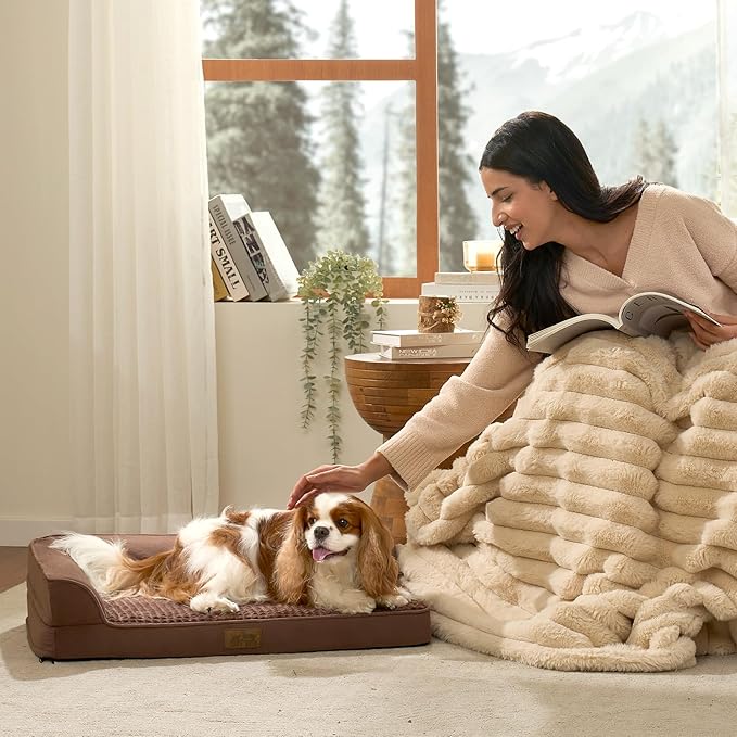 Orthopedic Dog Bed for Large Medium Size Dog, Pet Sofa, Foam Bolster Couch with Waterproof Lining Cover, Anti-Slip, Washable, L-Shaped, L 36x27x6.5 inch, Brown