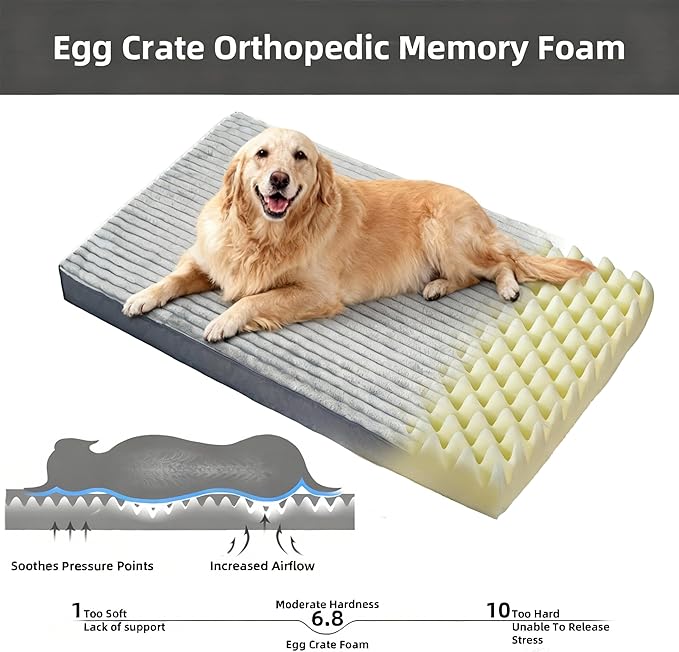 Dog Bed Extra Large Sized Dogs, Orthopedic Flannel XXL Dog Bed with Removable Washable Cover, Waterproof Indestructible Big Dogs Beds with Anti-Slip Bottom, Egg Crate Memory Foam Pad, 47"x29"x4", Grey