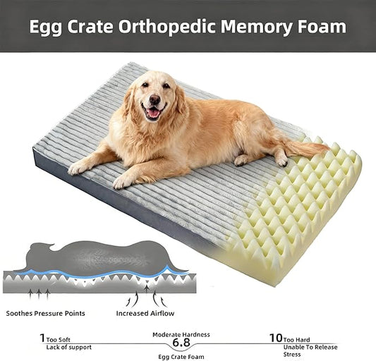 Dog Bed Extra Large Sized Dogs, Orthopedic Flannel XXL Dog Bed with Removable Washable Cover, Waterproof Indestructible Big Dogs Beds with Anti-Slip Bottom, Egg Crate Memory Foam Pad, 47"x29"x4", Grey