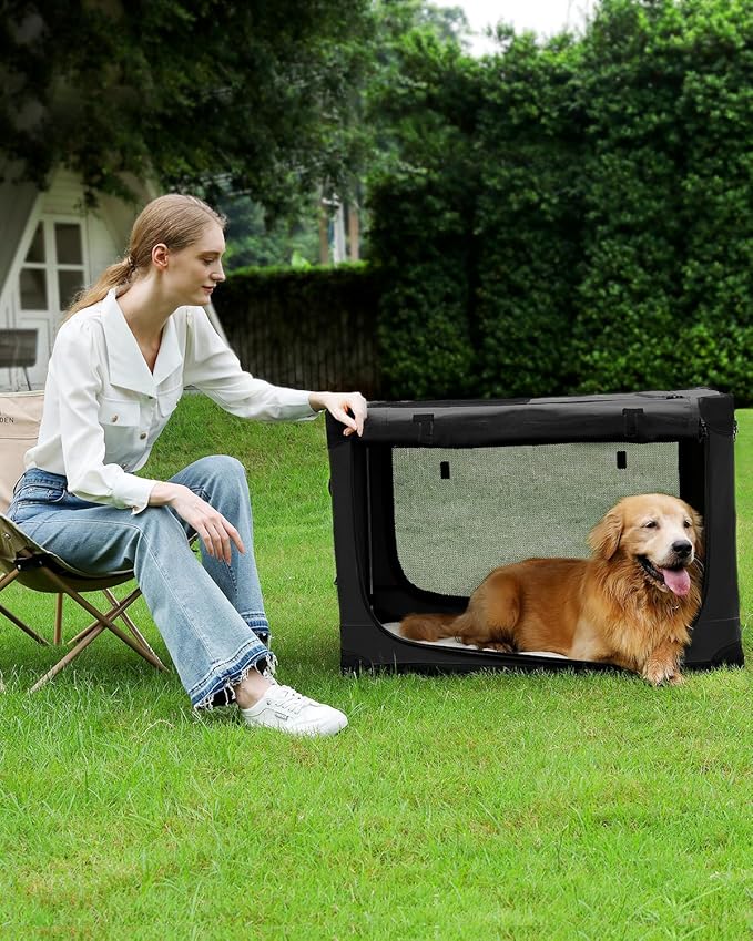 24 Inch Collapsible Travel Dog Crate for Medium Large Dogs, Portable Dog Crate 4-Door Foldable Soft Kennel with Durable Mesh Windows for Indoor & Outdoor Travel, with Storage Bag,Black