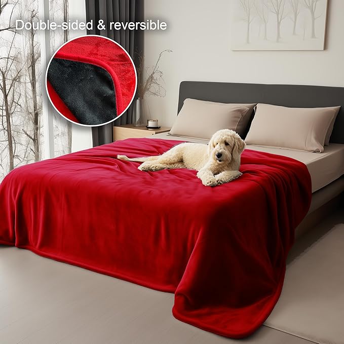King Size Waterproof Blanket – Spill-Proof, Water-Resistant Flannel Blanket for Bed, Couch, Kids & Pets Protection, Reversible Cozy Design (Passion Red & Midnight Black, 90x108)