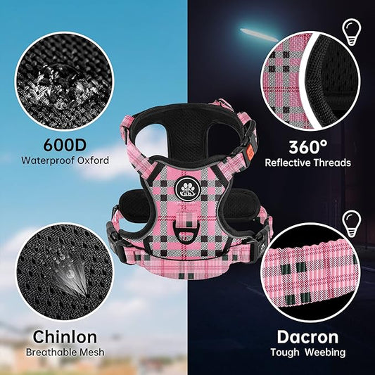 NESTROAD No Pull Dog Harness with Leash, Reflective No Choke Pet Vest Harness,Adjustable Soft Padded Dog Harness with Easy Control Handle for Small Dogs(Checkered Pink,Small)