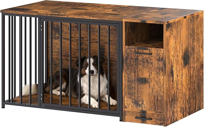 Dog Crate Furniture with Storage Cabinet, 42 Inch Wooden & Steel Decorative Indoor Kennel, Pet Cage End Table for Large and Medium Dogs, Escape-Proof & Chew-Proof, Rustic Brown