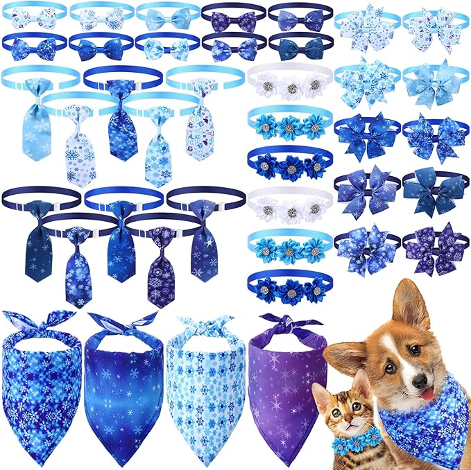 Reginary 40 Pcs Winter Dog Bandanas Bulk Blue Snowflake Cat Bow Ties Collars Adjustable Winter Wonderland Dog Collar with Bow Kerchief Bibs Set for Small Medium Pet Costume Grooming Accessories