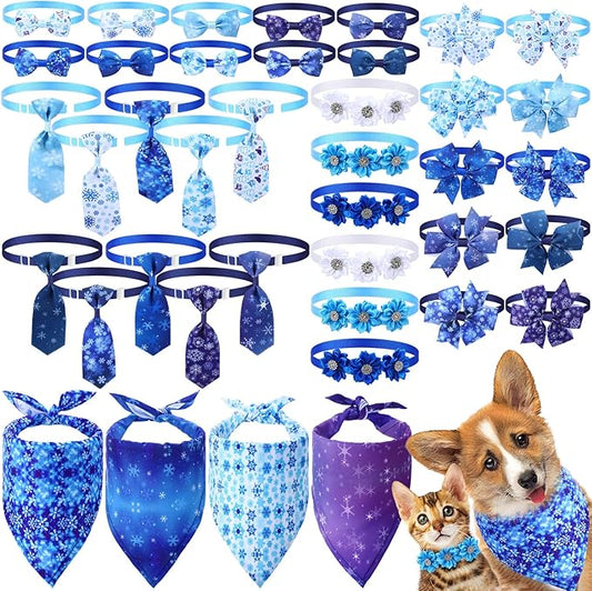 Reginary 40 Pcs Winter Dog Bandanas Bulk Blue Snowflake Cat Bow Ties Collars Adjustable Winter Wonderland Dog Collar with Bow Kerchief Bibs Set for Small Medium Pet Costume Grooming Accessories