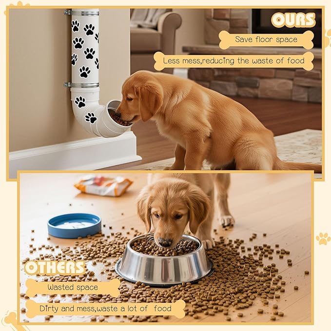 Gravity Dog Self Feeder with Puppy Paw Print Stickers 6 Pounds Large Capacity Hanging Pet Feeding Automatic Dispenser PVC Pipe Feeder for Cat Chicken Turkeys Indoor & Outdoor Use