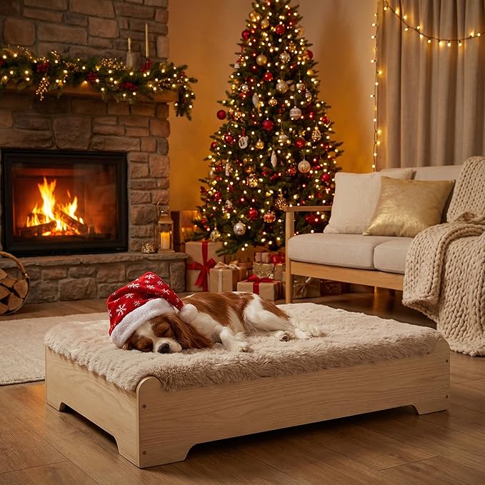 GLOSSGODS Elevated Dog Bed Frame and Mattress with Washable Cover, Naturalwood S Puppy Up to 40 lbs