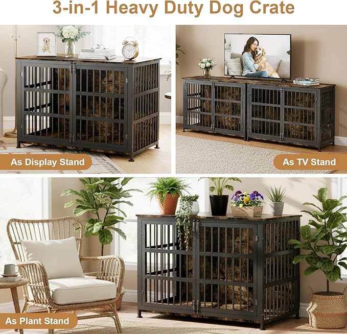 46" Dog Crate Furniture with Wheels, XXL Heavy Duty Dog Kennel Indoor for XL Dogs, Metal Chew-Proof Dog Cage, 45.9" L x 27.6" W x 32.4" H, Decorate House as TV Stand, End Table — Rustic Brown