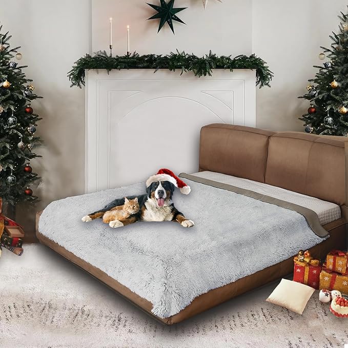 Waterproof Dog Bed Cover, Dog Pad Soft Plush Pet Blanket with Anti-Slip Back for Bed Couch Sofa, Furniture Protector for Small, Medium and Large Dogs and Cats (Light Gray, 68"x82")