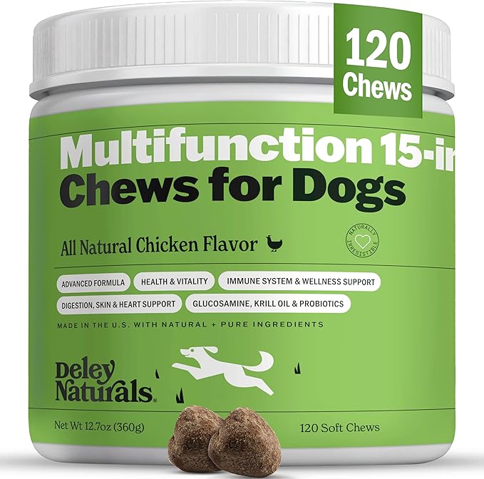 Deley Naturals 15 in 1 Multivitamin for Dogs - Complete Dog Vitamins and Supplements for Immune Support, Joint, Skin, Digestion, Heart & Overall Health - Daily Multifunction Supplements - 120 Chews