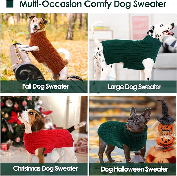 AOFITEE Large Dog Sweater, Turtleneck XXL Dog Sweater for Fall Winter, Stretchy Knitwear Christmas Dogs Sweaters, Knitted Pullover with Harness Hole for Pitbull, Golden Retriever, Labrador Green 2XL