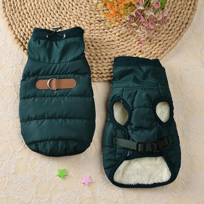 Dog Winter Coat with Neck Guard, Adjustable Neck, Chest Velcro & Detachable Buckle, Warm Polyester Lining, Multi-Way Wear for Small Dogs (Dark Green, Medium)