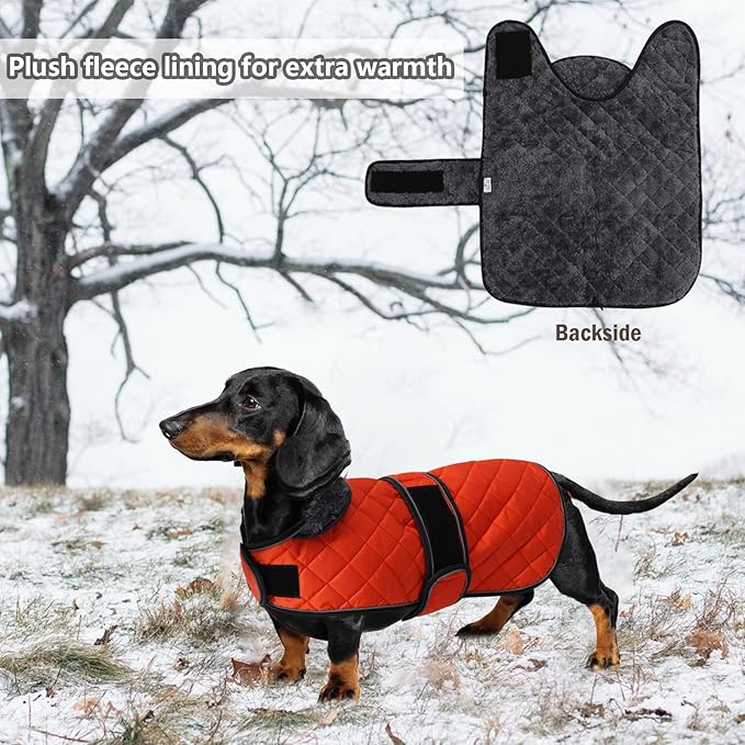 Warm Thermal Quilted Dachshund Coat, Dog Winter Coat with Warm Fleece Lining, Outdoor Dog Apparel with Adjustable Bands for Medium, Large Dog-Orange-XS