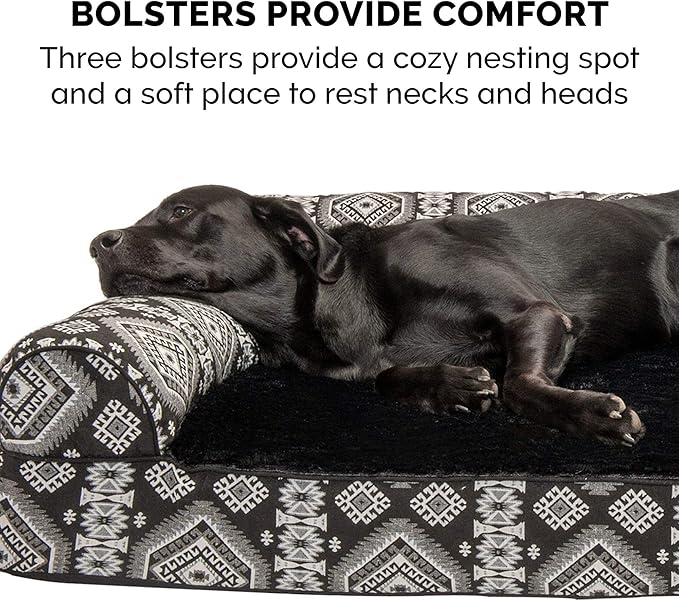 Furhaven Memory Foam Dog Bed for Large/Medium Dogs w/ Removable Bolsters & Washable Cover, For Dogs Up to 55 lbs - Plush & Southwest Kilim Woven Decor Sofa - Black Medallion, Large