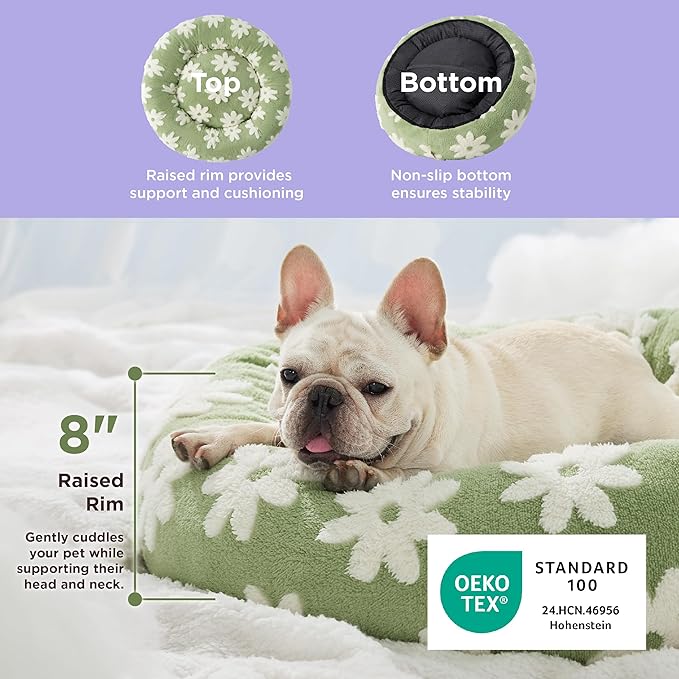 LE SURE Donut Small Dog Bed - Round Cat Beds for Indoor Cats Calming Pet Beds, Cute Modern Beds with Jacquard Shaggy Plush & Anti Slip Bottom, 27 Inch, Green