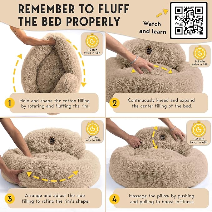 PetJett Calming Large Dog Bed - 36'' Donut Dog Beds, Anti-Slip & Washable Large Round Bed, Fluffy Faux Fur Pet Bed, Super Soft Anti-Anxiety Premium Comfort Bed, Fits Dogs up to 100 lbs - Beige