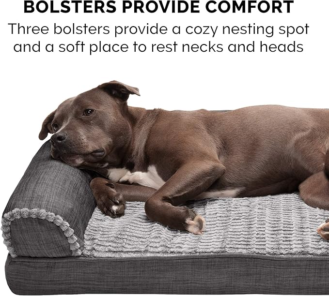 Furhaven Memory Foam Dog Bed for Large/Medium Dogs w/ Removable Bolsters & Washable Cover, For Dogs Up to 55 lbs - Luxe Faux Fur & Performance Linen Sofa - Charcoal, Large