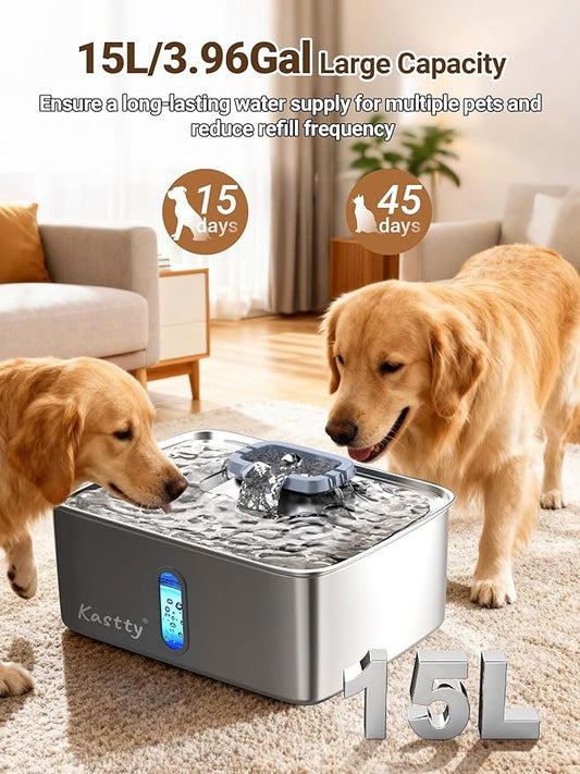 Kastty 3.96 Gal Dog Water Fountain for Large Dogs,15L Stainless Steel Large Pet Water Fountain, Ultra Quiet Automatic Dog Water Bowl Dispenser with Water Level Window and LED Light(FS78,Grey