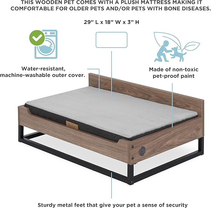 Milo Wooden Dog Bed, Plush Mattress Comforts The Pets with Bone Diseases, Water Resistant, Greenguard Gold Certified, Mattress, Non - Toxic Pet Proof Paint, Walnut