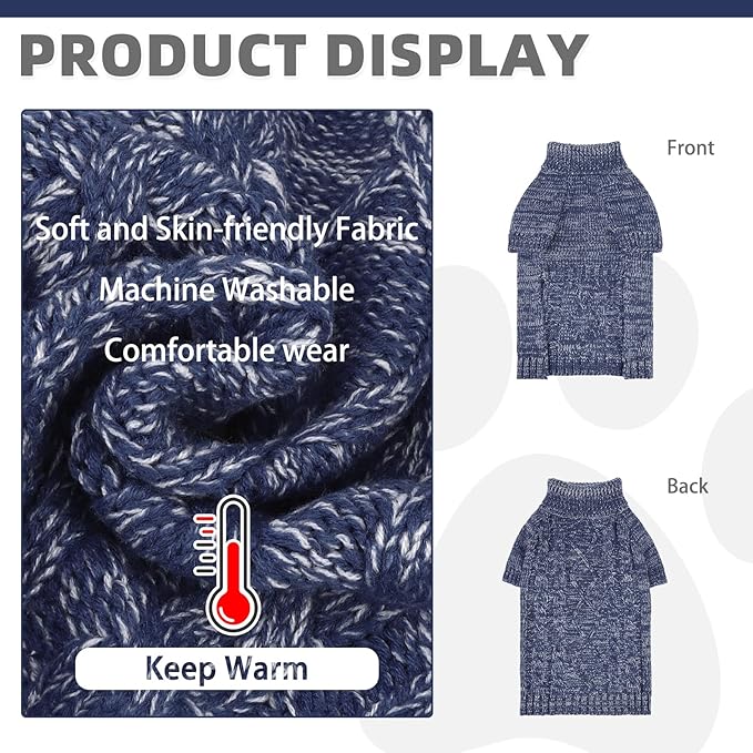 KOOLTAIL Dog Sweater for Large Medium Small Dogs, Fall Dog Sweaters, Turtleneck Cable Knitwear Pet Cold Weather Coats with Leash Hole, Warm Winter Pullover Clothes for Bulldog, Yorkie,Boy Girl, Navy L
