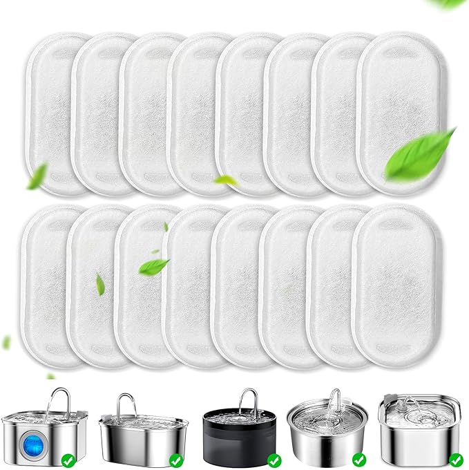 Cat Fountain Filters, 16 Pack Cat Water Fountain Filter for Stainless Steel 67oz/2L Pet Fountain, Replacement Filters for Pet Drinking Fountain