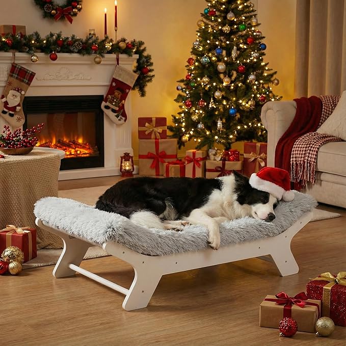 Muihood Elevated Dog Bed Wooden Frame and Mattress with Washable Cover, White M Up to 50 lbs