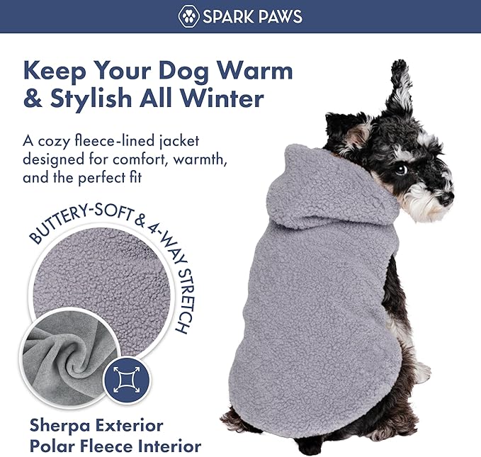 Spark Paws Fleece Dog Jacket, Hooded Sweater Vest, Warm Coat for Winter - Suitable for Small Medium Large XL XXL Breeds - Grey - XL