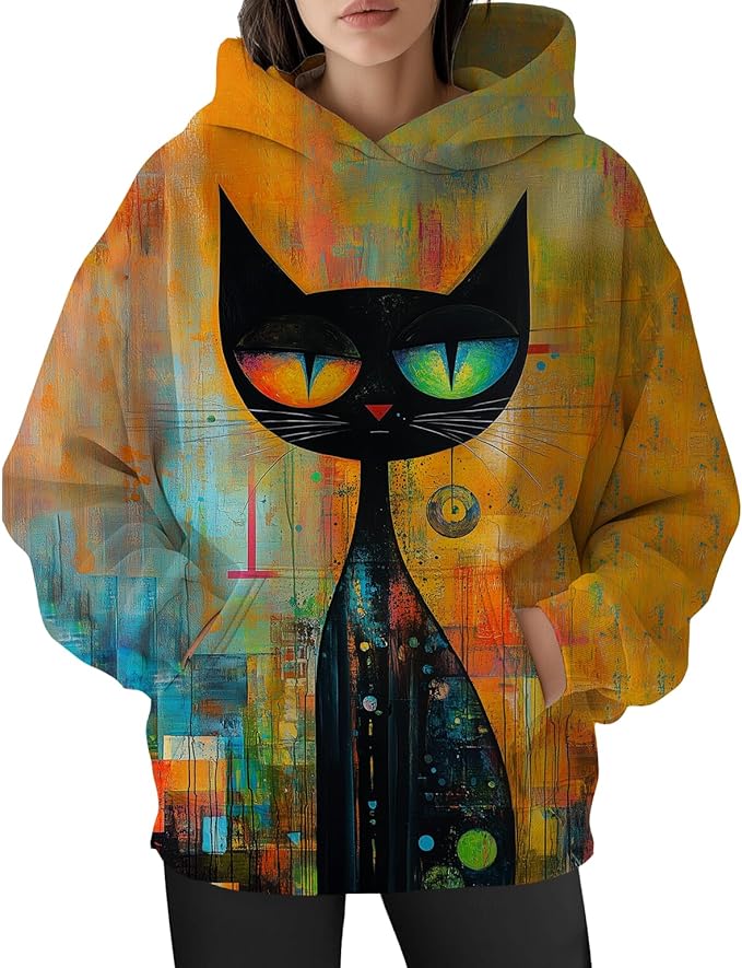 Womens Cat Print Hoodies Trendy Funny Cat Graphic Long Sleeve Sweatshirt Y2k Streetwear Hooded Pullover Tops