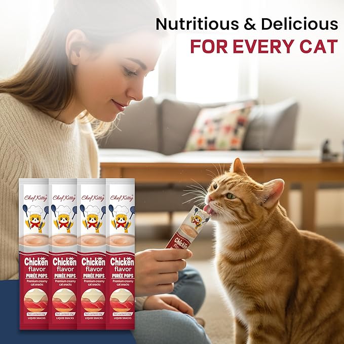 Chef Kitty Purée Pops, Cat Treats, Grain-Free, Lickable, Squeezable Creamy Cat Treat/Topper with Vitamin E & Taurine, 0.5 Ounces Each Tube, 10 Tubes, Chicken Flavor