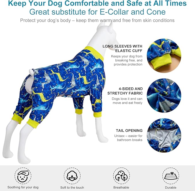 LovinPet Large Dog Pj - Pet Anxiety Calming Shirt, Dog Jammies for After Surgery, Lightweight Fabric, Blue Dragon Print, Pitbull Clothes, Long-Sleeved 4 Leg Style Pullover Dog Onesie, Dark Blue L
