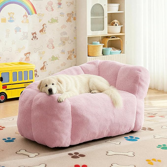 Dog Sofa Couch for Extra Large Medium Dogs, 51” Memory Foam Pets Sofa with Faux Fur Fabric Pink