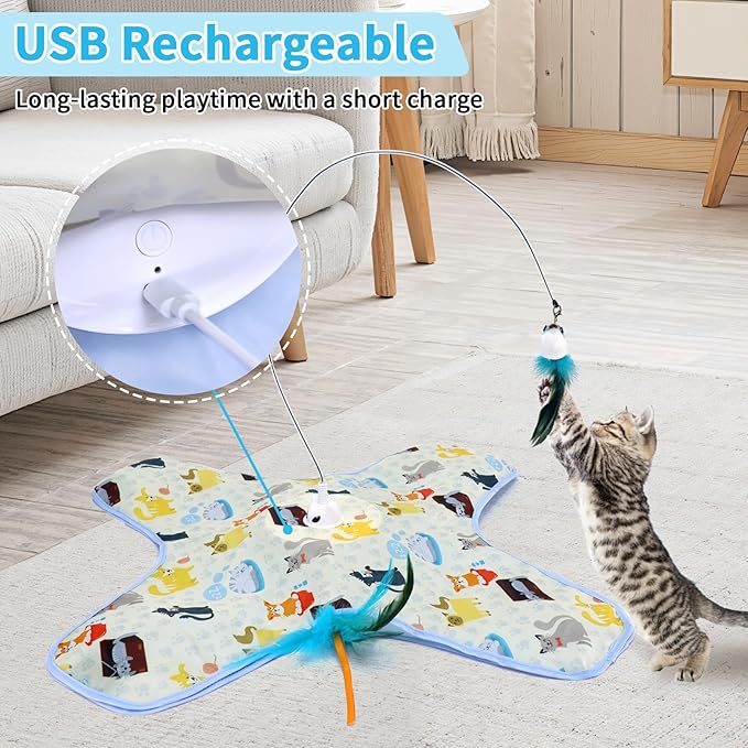 DFQ Interactive Cat Toy,3 in 1 Hide and Seek for Indoor Cats, Rechargeable Touch-Activated Moving Feather Wand with Concealed Motion, Play Toy for Kittens and Adult Cats (Yellow)