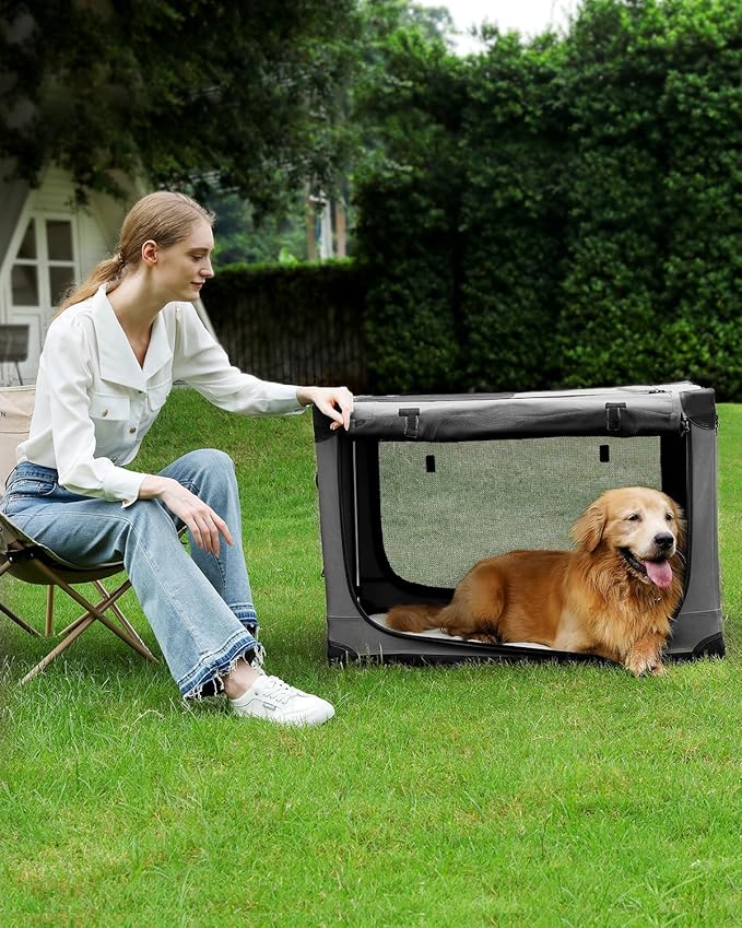 33 Inch Collapsible Travel Dog Crate for Medium Large Dogs, Portable Dog Crate 4-Door Foldable Soft Kennel with Durable Mesh Windows for Indoor & Outdoor Travel, with Storage Bag,Grey