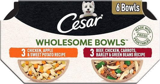 Cesar Wholesome Bowls Adult Wet Dog Food, Beef, Chicken, Carrots, Barley & Green Beans Recipe and Chicken, Apple & Sweet Potato Recipe Variety Pack, 3 oz., 6 Count