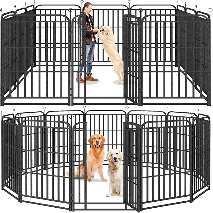 Dog Fence Outdoor 12 Piece Panels 47" Height, Square Steel Pipe with Reinforced Crossbars, Anti-Rust Heavy Duty Dog Playpen with Doors Portable for Yard RV Camping, Total 27FT, 57 Sq.ft, Snowy Black