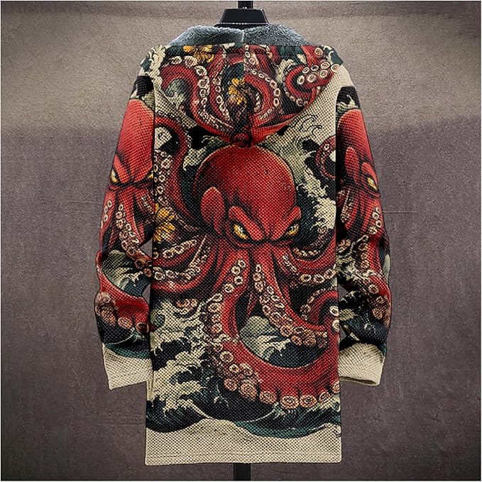 MARSVOVO Cool Hippie Long Cardigan Hoodies for Men Zipper Fleece Lined Knit Coat Skull Animal Print Graphic Jackets