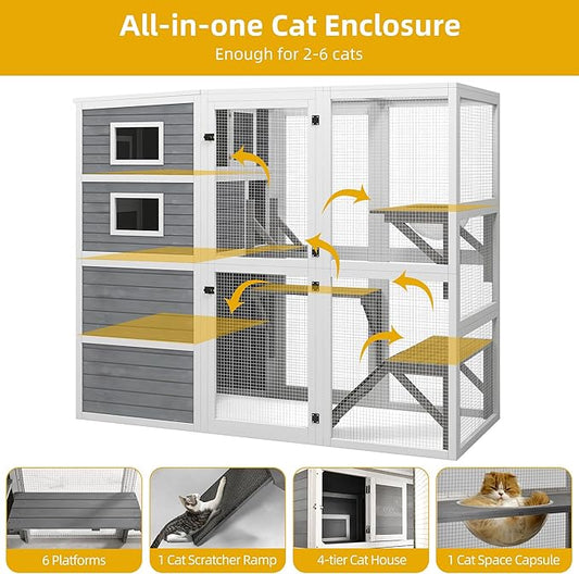 DWVO Large Cat Catio Outdoor Cat Enclosures Walk in Playpen Patio with 4-Tier Houses for Indoor Cats, Cats Scratcher Ramp, Space Capsule Bed, 5 Windows, Outside Catio with Weatherproof Roof