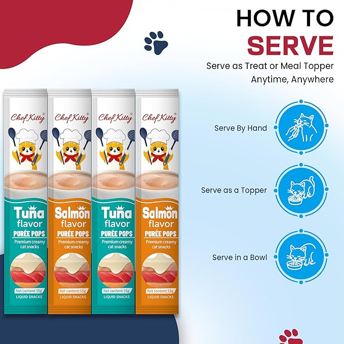 Chef Kitty Purée Pops, Cat Treats, Grain-Free, Lickable, Squeezable Creamy Cat Treat/Topper with Vitamin E & Taurine, 0.5 Ounces Each Tube, 20 Tubes, Seafood Mix Variety