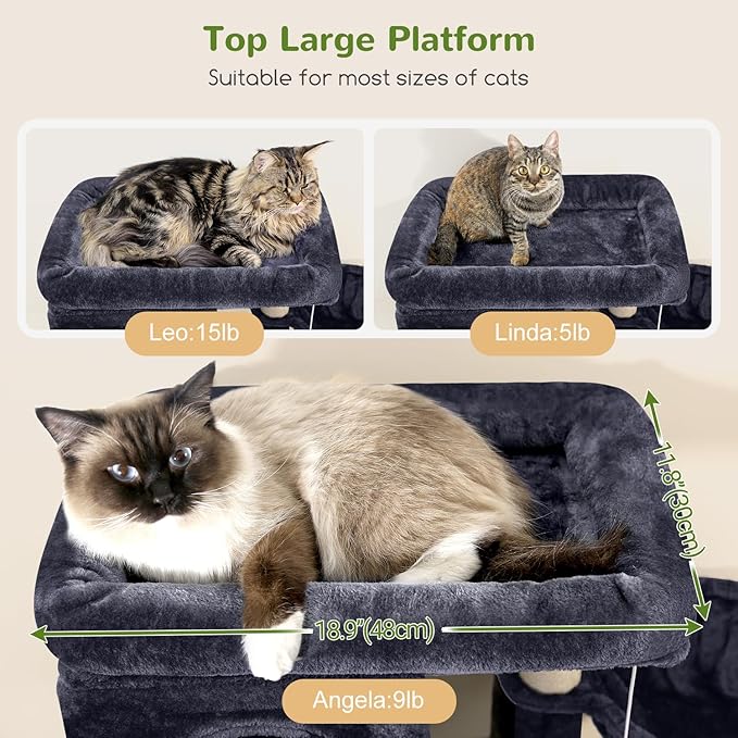 Globlazer Corner Cat Tree 66 inch Multi-Level Climbing Tower Kitty Condos Cat Scratching Tower for Indoor Multiple Cats with Large Platform, 3 Cat Caves, F66, Dark Grey
