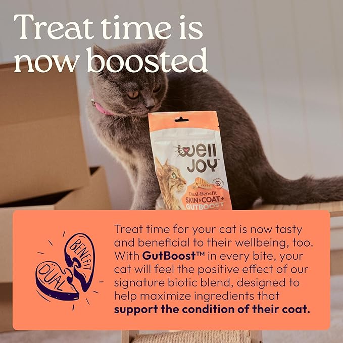 WIJ WellJoy Cat Treat Skin & Coat+ GutBoost | Nourishes Healthy Skin | Supports Shiny Coat | Dual-Benefit GutBoost Formulation | Vet Formulated | Made in USA | Real Shredded Chicken | 120 Soft Chews